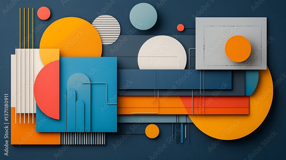 Poster Abstract geometric composition of vibrant colors and shapes. Layered forms in various sizes and geometric patterns, creating a dynamic visual design