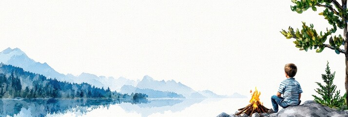 Serene Child by the Lake Watching Campfire with Majestic Mountains in Background and Clear Sky
