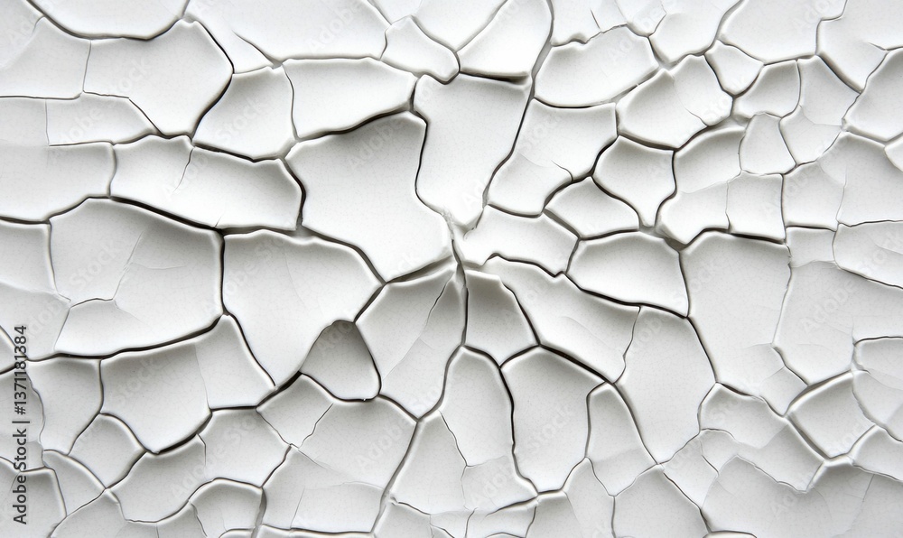 Poster cracked white surface showing a network of fissures and textures, creating an abstract and weathered