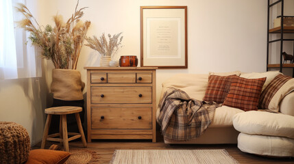 Creative composition of living room interior with wooden commode, mock up poster frame, modern beige sofa, plaid, stool, decorations, pillow, vase with dried flower and elegant accessories. Home decor