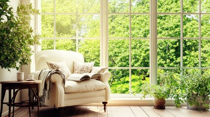 Cozy Reading Nook with Large Windows and Lush Greenery Comfortable Armchair Open Book Indoor
