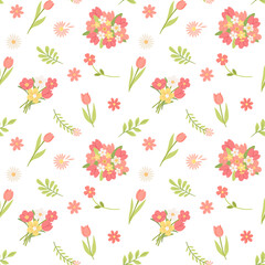 Red tulips seamless pattern. Simple spring summer bouquet backgrounds for Easter, Mothers Day, Birthday decor, wrapping paper, wallpaper, fabric. Botanical elegant trendy print vector illustration.
