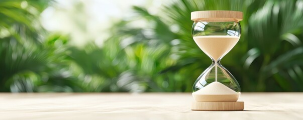 Elegant glass hourglass timer on wooden table against a lush tropical background representing the passage of time