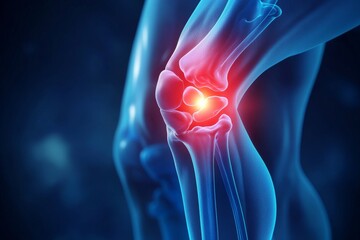 Detailed 3d knee joint rendering highlighting pain amidst a harmonious medical background