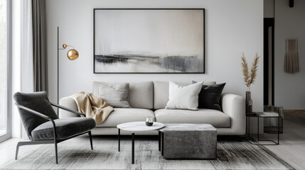 Modern scandinavian home interior of living room with design gray sofa, armchair, marble stool, black coffee table, stylish paintings, decoration and elegant personal accessories in home decor.