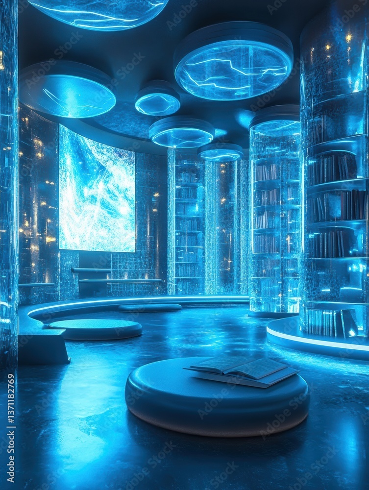 Aufkleber futuristic learning space featuring holographic screens and floating books with ambient blue lightin