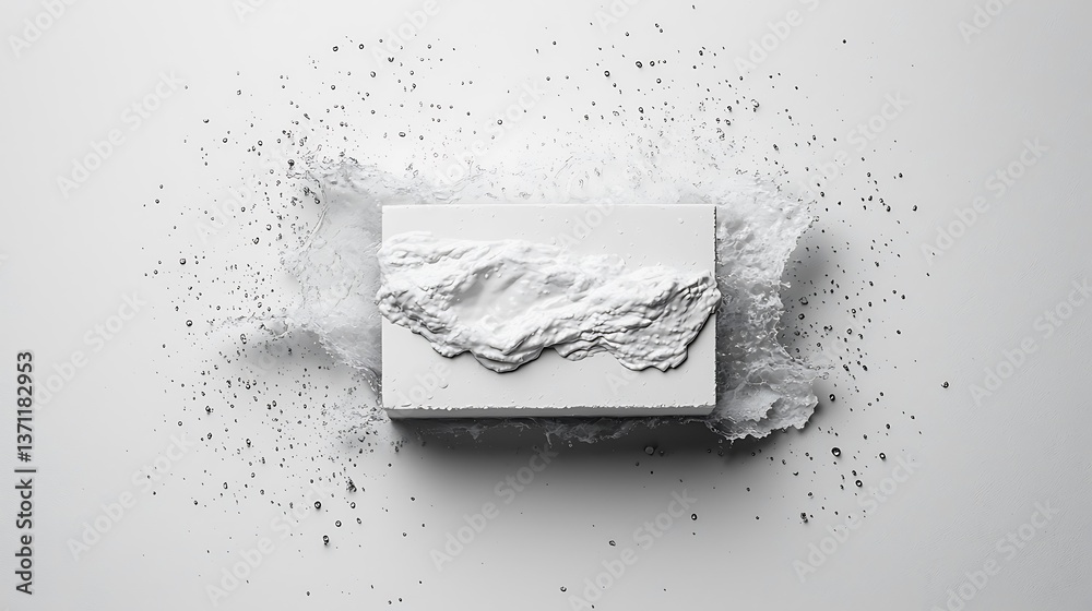 Poster abstract white sculpted block with textured relief and explosive effect