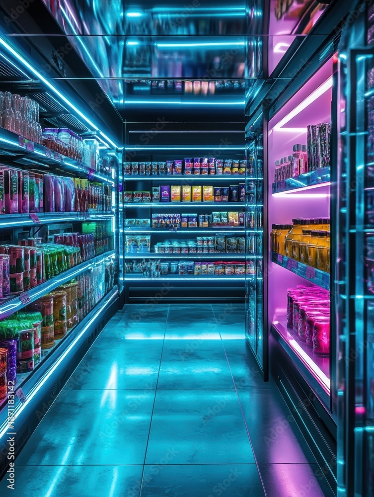 Poster futuristic grocery store with ai robots and neon glowing shelves offering a high-tech shopping exper