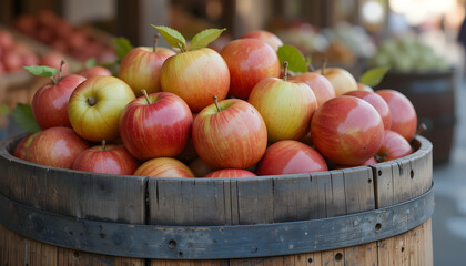 Fresh Apples in Wooden Barrel Farm Market Harvest
