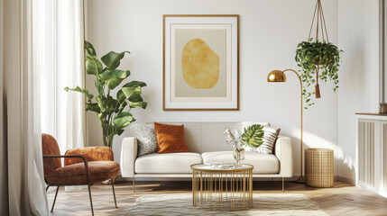 Minimalistic and stylish mock up poster frame concept with retro furnitures, hanging plant, gold table lamp and elegant accessories. White walls, home decor. Nice interior of living room. Real photo.