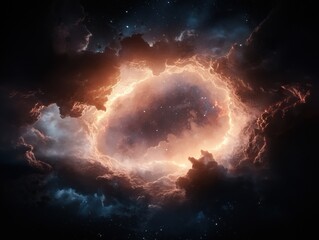Obraz premium Celestial Nebula with Fiery Glow and Dramatic Clouds in Deep Space