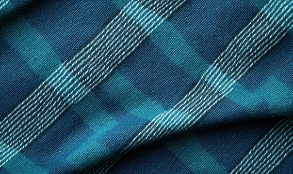 A vibrant teal and blue plaid fabric with crisp white stripes creates a visually appealing texture.