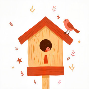 recommend clip art: Colorful birds around cute birdhouse, whimsical nature illustration