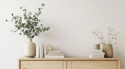 Stylish interior of living room with mock up poster frame, wooden commode, book, eucalyptus leaf in ceramic vase and elegant personal accessories. Minimalist concept of home decor. Template.