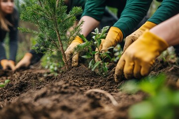 Gloved hands planting young trees in fertile soil, focused and dirty. Perfect for environmental campaigns and sustainable development projects.