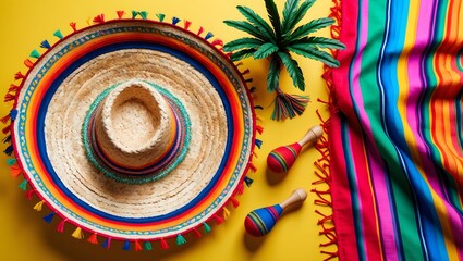 Colorful Mexican Fiesta Accessories - Sombrero, Maracas, and Serape Blanket
