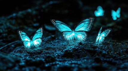 Isolated glowing bioluminescent butterflies in the dark