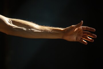 A hairy arm and hand reach out, isolated against a dark background. It can represent helping, offering, or anything involving human touch.
