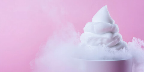 Molecular ice cream with liquid nitrogen on colored background with copy space