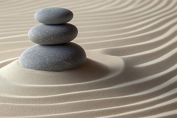 Calming zen garden with raked sand and smooth stones, embodying simplicity and peaceful meditation