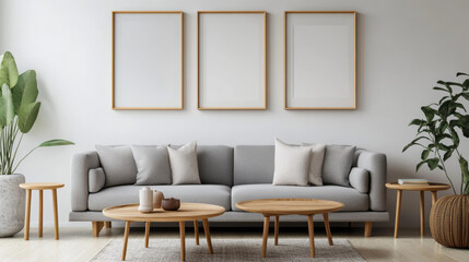 Exquisite and modern composition of living room interior with grey design sofa, two mock up poster frames, wooden coffee tables, decoration and personal accessoreis. Minimalist loft home decor. 