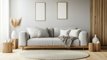 Creative composition of stylish modern spacious living room with grey sofa, wooden cubes, pillows, plaid, carpet, white vases and small personal accesories. Creative wall and parquet floor. Template.
