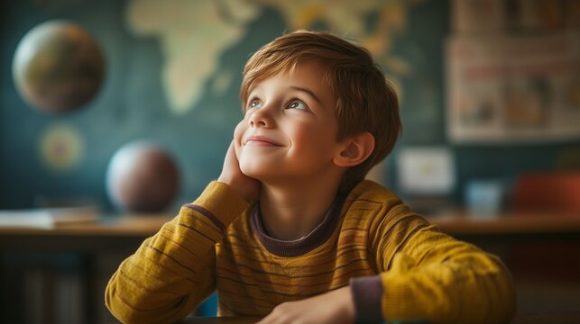 A young boy looking up at the sky. Astronomy is a fantasy for schoolboys and students. Education discovery ai development. A little boy gazing at the heavens lifestyle. - Powered by Adobe
