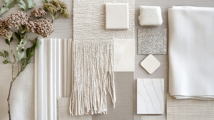 Creative flat lay composition with textile and paint samples, panels and cement tiles. Stylish interior designer moodboard. Light beige color palette. Copy space. Template. 