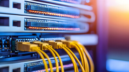 Closeup Of Network Server Equipment With Cables