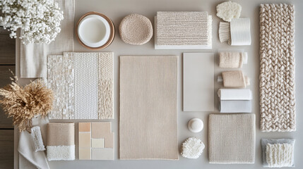 Creative flat lay composition with textile and paint samples, panels and cement tiles. Stylish interior designer moodboard. Light beige color palette. Copy space. Template. 