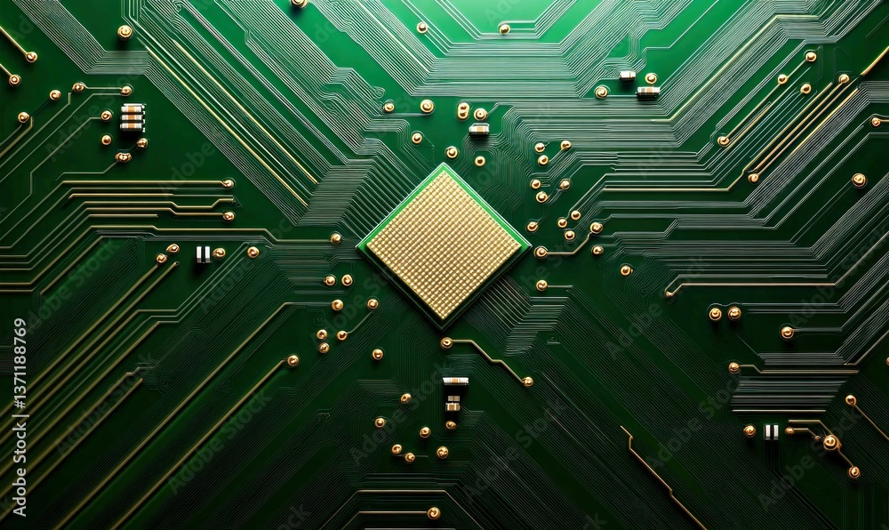 Poster close-up of a modern computer processor on a green circuit board, highlighting intricate connections