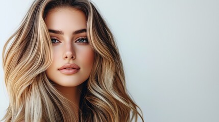 Fototapeta premium Beautiful woman with long wavy hair. A woman is balayageing in a sand pit. A woman with white hair on a background. An attractive woman with flowing lifestyle wavy hair.