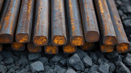 Rusty steel rods stacked on dark gravel background  
