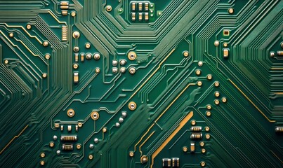 Intricate green and gold circuit board showcasing high-tech electronic engineering details.