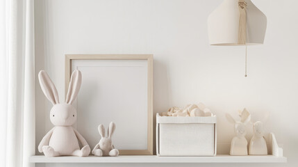 Stylish nursery shelf with mock up photo frame, plush rabbit, box for accessories. White background wall with cotton lamps.. 