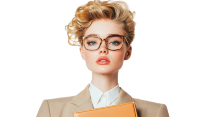 Png of Confident young Caucasian woman in a beige suit, wearing glasses, holding a notebook, exuding a professional and stylish demeanor on transparent background.