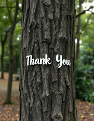 Expressions of gratitude displayed on a tree trunk in a serene park setting during autumn foliage
