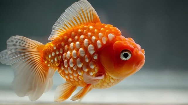 A gold and white fish with black eyes is swimming in an aquarium. Smooth repeating motion for background video animation.