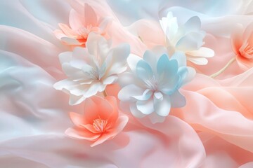 Fototapeta premium Exquisite hand crafted paper flowers on soft fabric in delicate watercolor hues and accents