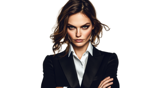 Png of Confident Caucasian woman in a black suit with piercing gaze, exuding strength and elegance on transparent background.