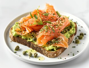 A photograph of avocado toast with salmon and capers, on a white plate, isolated against a studio