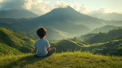 Fototapeta premium A young boy sits atop a grassy hill, gazing at the majestic mountain view. Use for themes of peace, reflection, nature, childhood, and dreams.