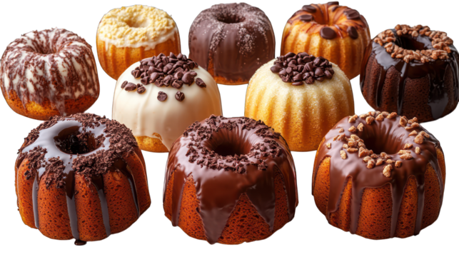 Assorted bundt cakes with marble and chocolate glaze variations on a white background