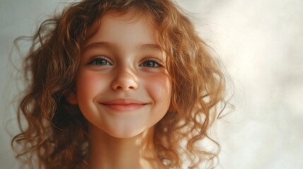 Naklejka premium Close up of young girl with curly hair. Girl is smiling with curly hair. A young woman in a white studio smiling joyfully. A detailed view of a young girl with curly hair lifestyle.