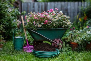 Vibrant Garden Scene with Flower Filled Wheelbarrow on Green Lawn Outdoor Gardening with Blooming Pink and White Flowers with Green Watering Can and Purple Gardening Trowel