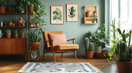 Interior design of retro living room with stylish vintage armchair, shelf, house plants, cacti, decoration, carpet and two mock up poster frames on the white wall. Botany home decor. Template. 