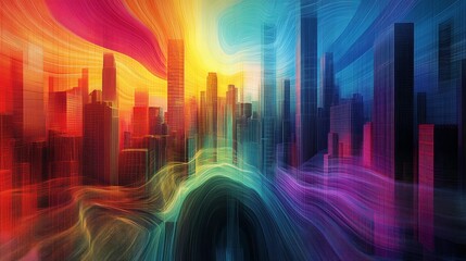 Fototapeta premium Abstract cityscape swirls with vibrant rainbow hues.