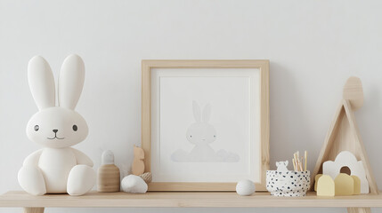 Stylish scandinavian nursery shelf with mock up photo frame, white rabbit and toys. Modern interior with white walls and wooden accessories.