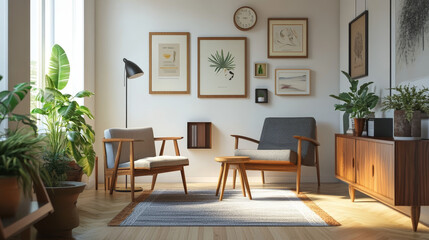 Stylish retro scandinavian living room interior with wooden commode, mock up poster frames, chiar, design stool, cacti, lamp, clock, book, decoration and personal accessories in home decor. Template.