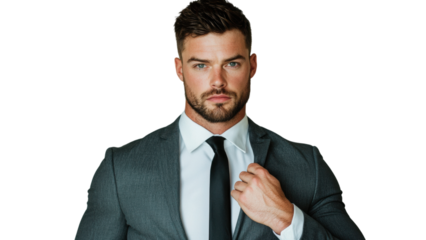 Png of Confident Caucasian man in a tailored gray suit adjusting his tie, exuding professionalism and charisma on transparent background.